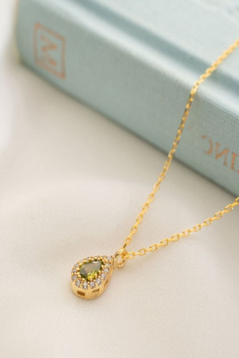 925 Ayar Gümüş Ağustos Ayı Doğum Taşı (Peridot) Damla Kolye