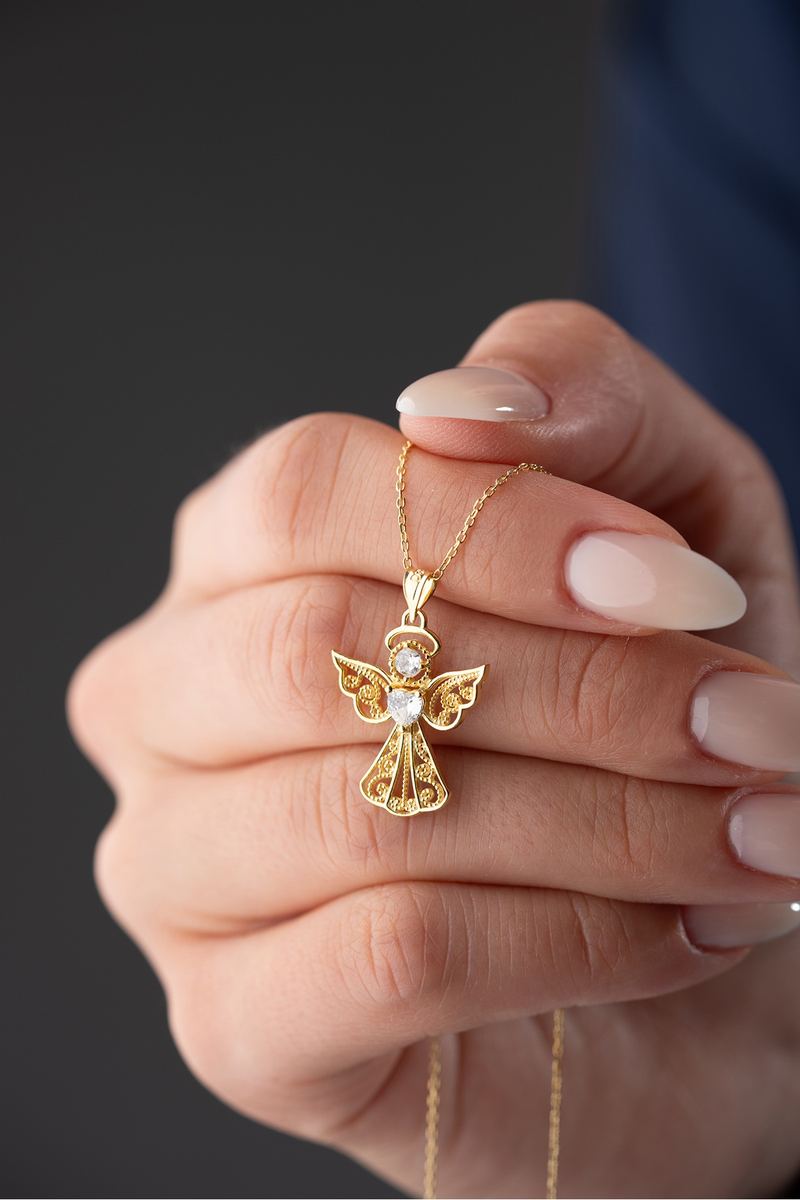 925 Ayar Gümüş Gold Kalp Tektaş Melek Kolye