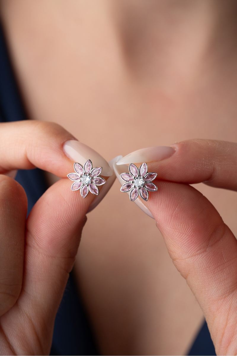 925 Ayar Gümüş Pembe Taşlı Lotus Küpe