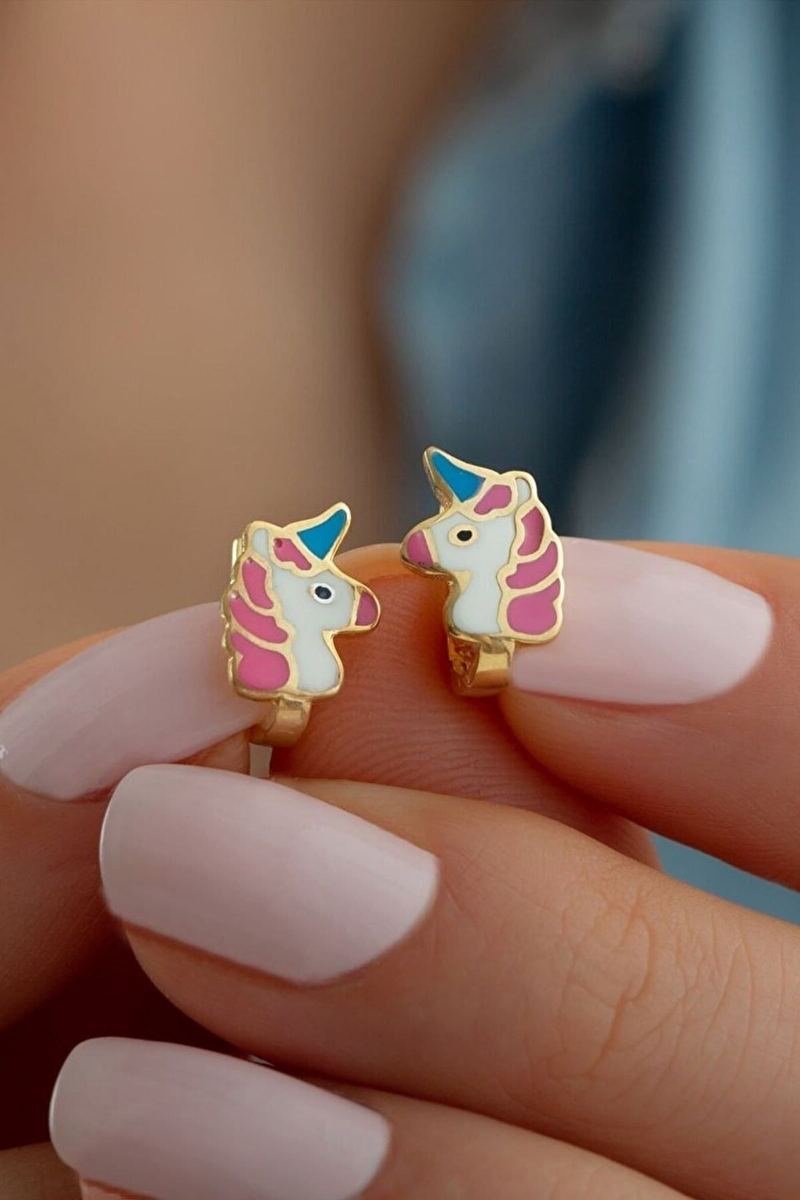 925 Ayar Gümüş Gold Mineli Unicorn Küpe