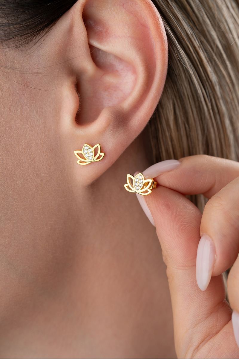925 Ayar Gümüş Gold Kaplama Lotus Çiçeği Küpe