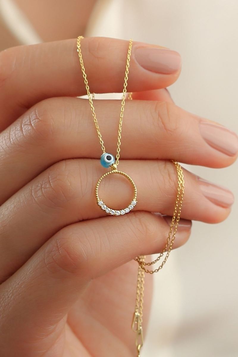 925 Ayar Gümüş Gold Zirkon Taşlı Nazarlı Halka Kolye