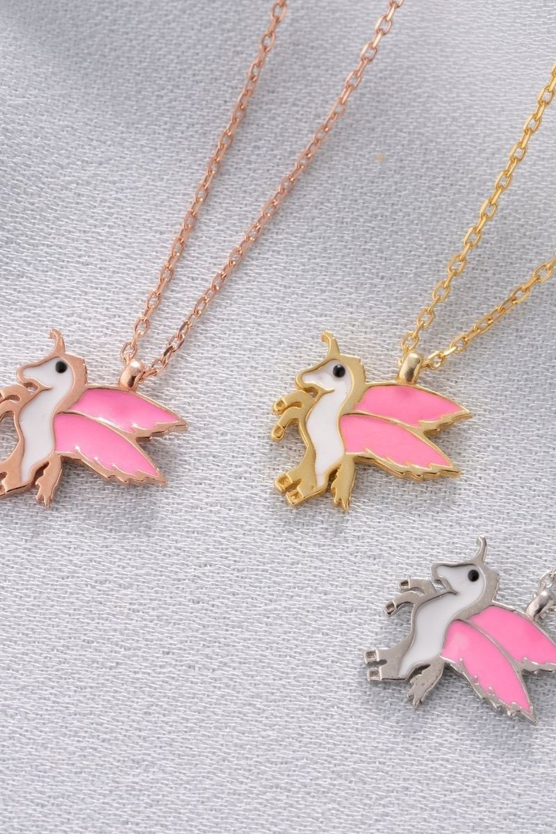 925 Ayar Gümüş Gold Mineli Pembe Mineli Unicorn Kolye