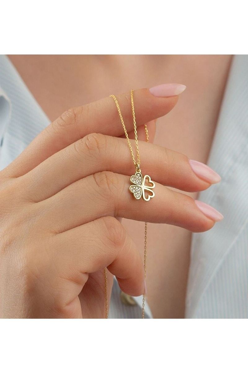 925 Ayar Gümüş Gold Yonca Zirkon Taşlı Kolye
