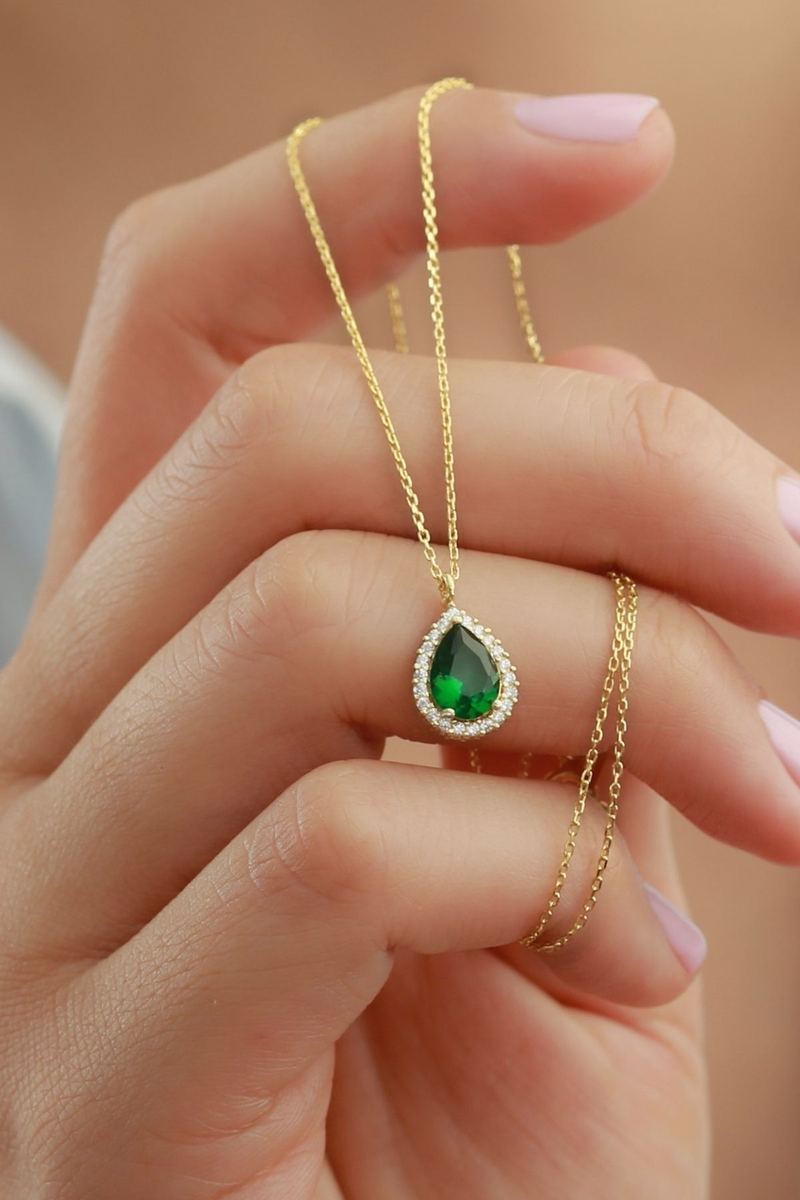 925 Ayar Gümüş Gold Zümrüt Damla Kolye