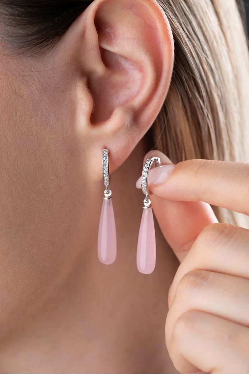 925 Ayar Gümüş Damla Pembe Taşlı Model Küpe