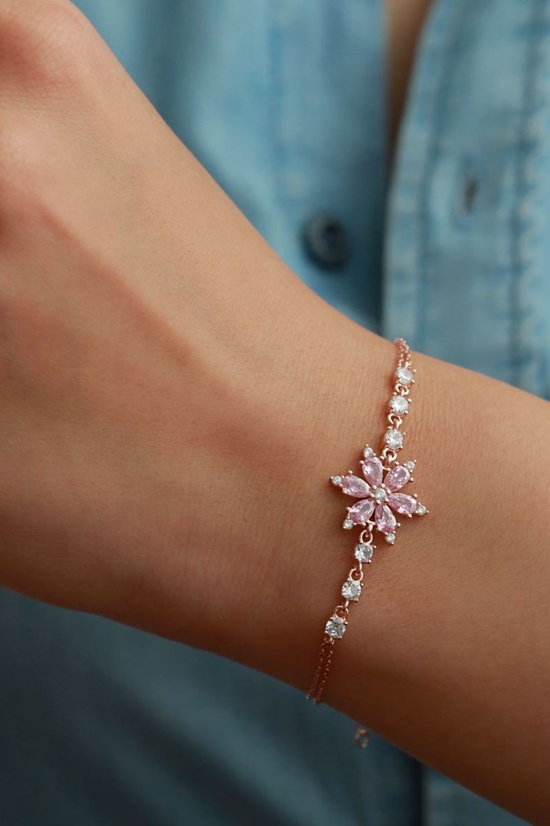 925 Ayar Gümüş Rose Pembe Taşlı Lotus Bileklik