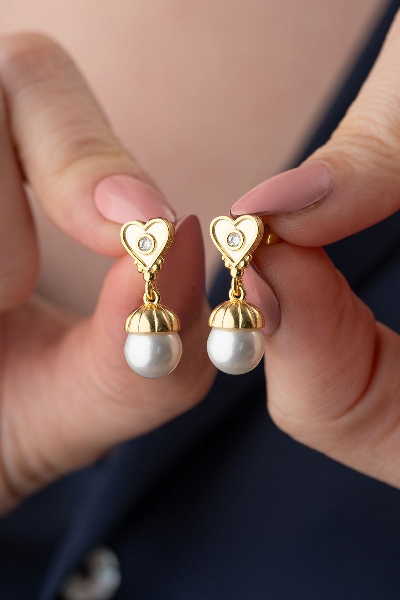 925 Ayar Gümüş İncili Kalpli Gold Küpe