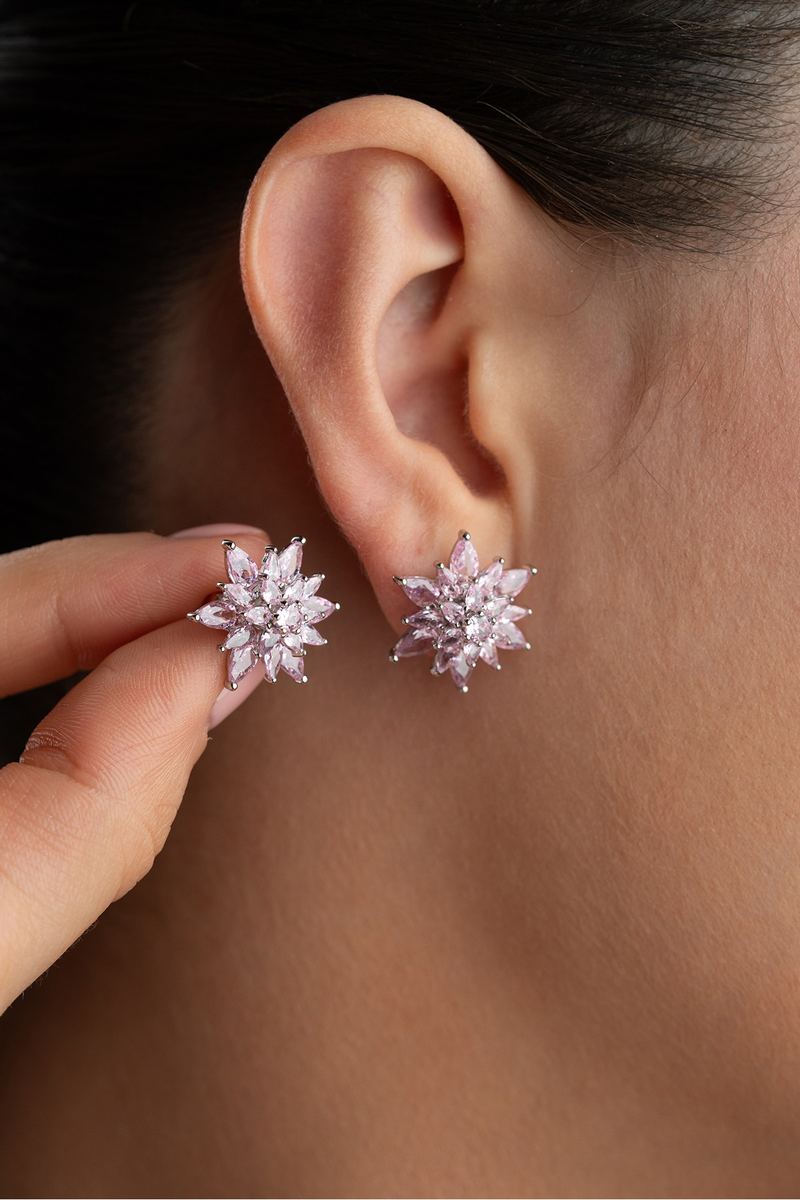 925 Ayar Gümüş Lotus Pembe Taşlı Küpe