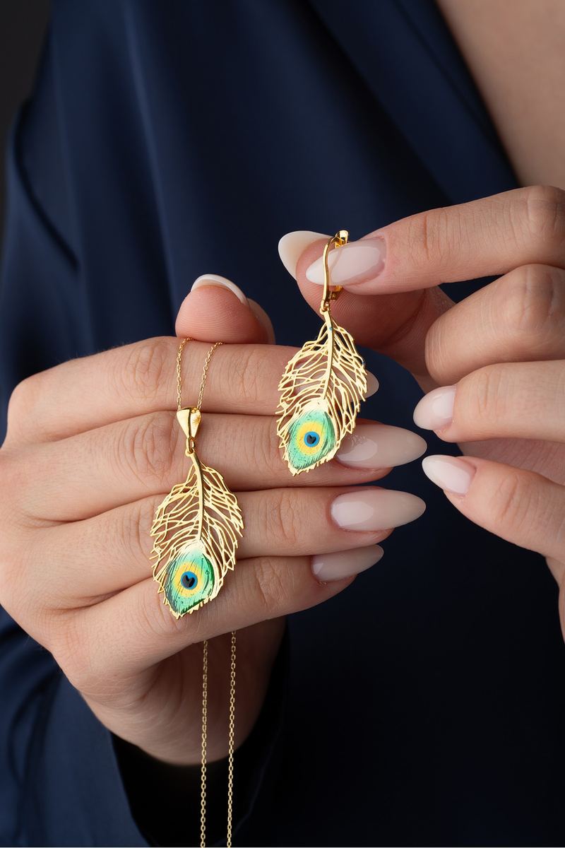925 Ayar Gümüş Gold Tüy Takı Kolye Küpe Seti