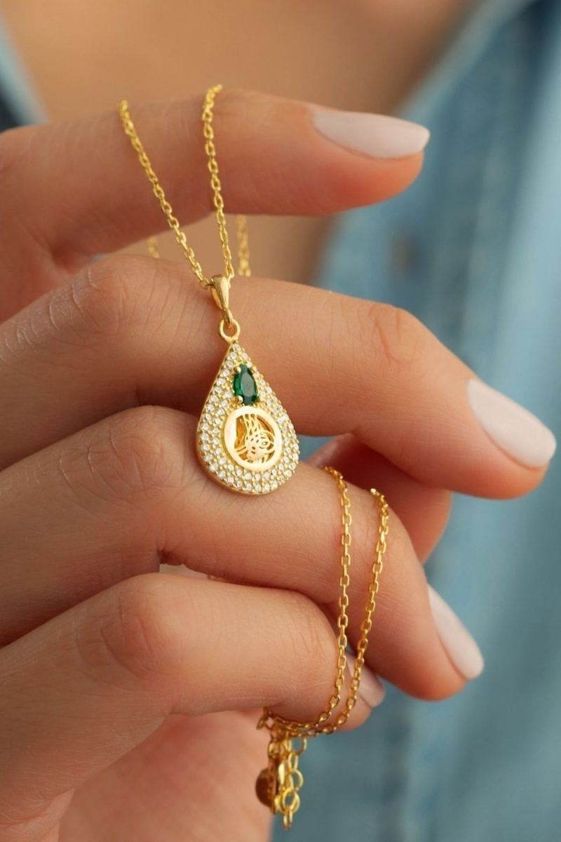 925 Ayar Gümüş Gold Zirkon Taşlı Tuğralı Kolye