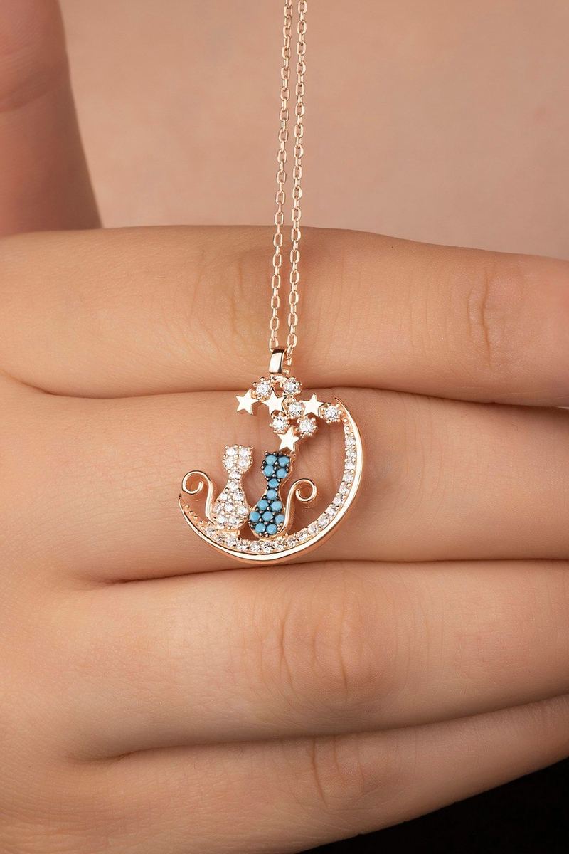 925 Ayar Gümüş Rose Yıldızlı Kediler Kolye