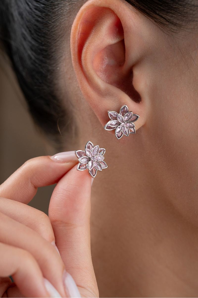 925 Ayar Gümüş Pembe Taşlı Lotus Küpe