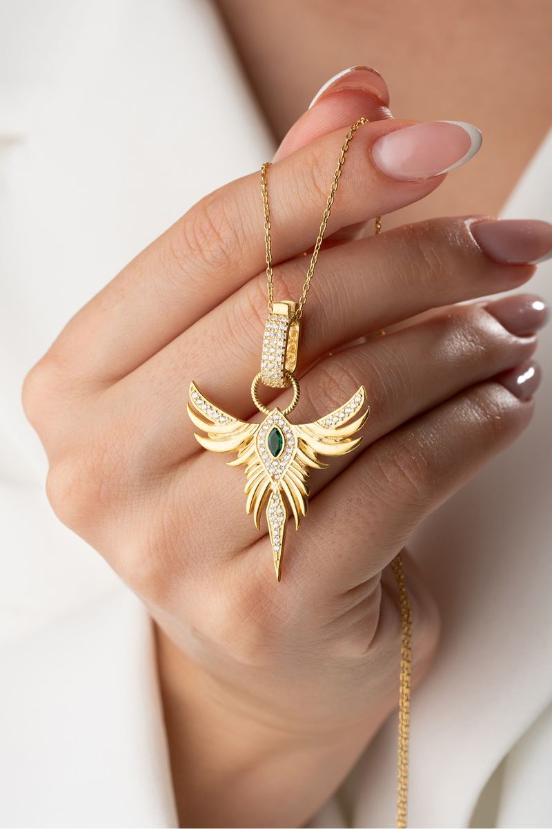 925 Ayar Gümüş Gold Zirkon Zümrüdüanka Kolye