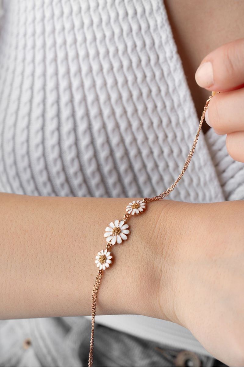 925 Ayar Gümüş Üçlü Papatya Model Rose Bileklik