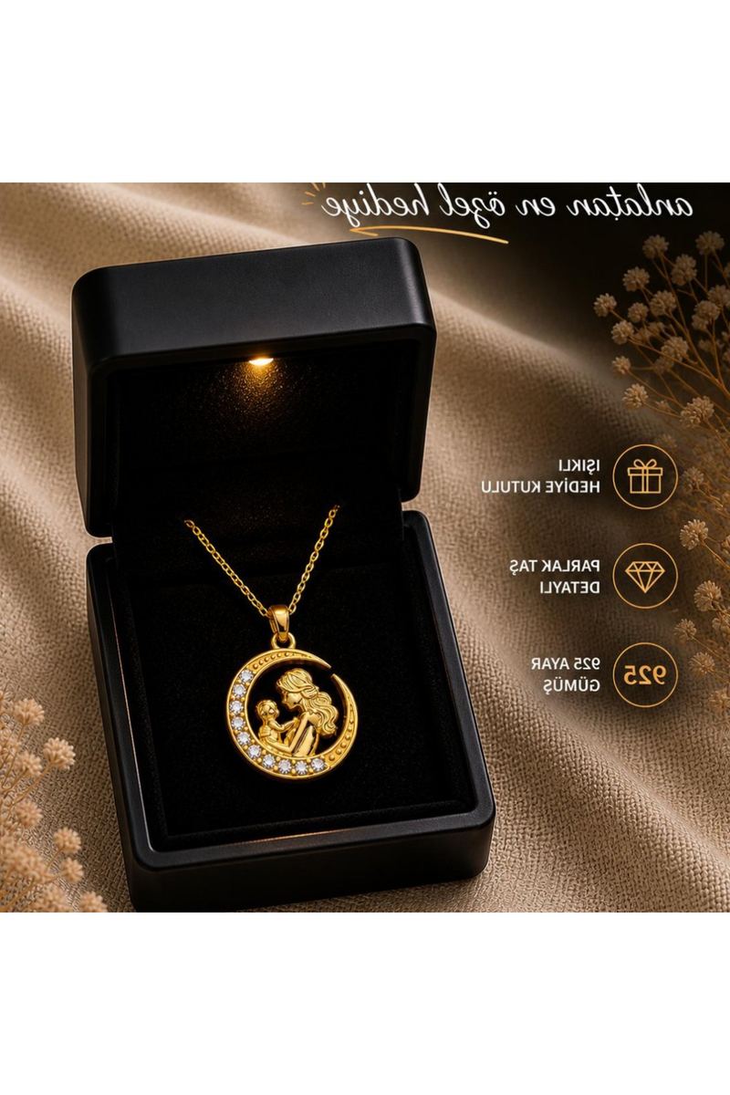 925 Ayar Gümüş Altın Kaplama Hilal Model Anne Bebek Kolye