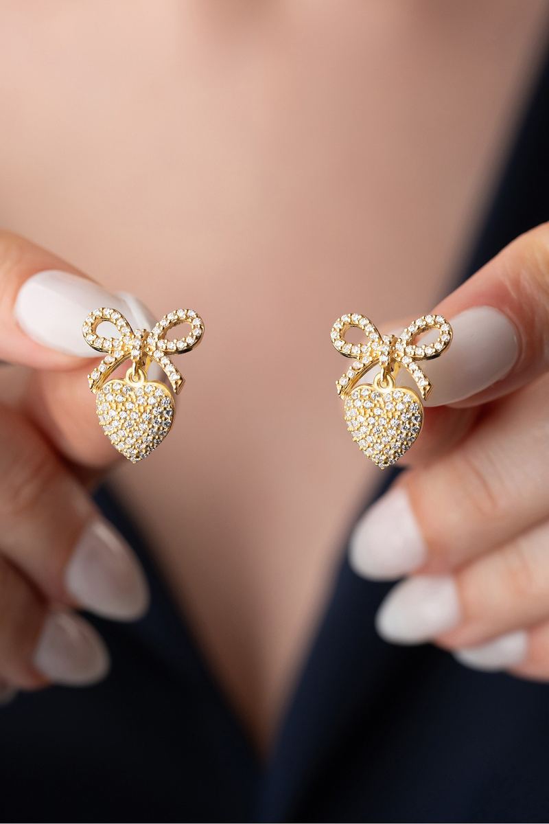 925 Ayar Gümüş Gold Fiyonklu Kalp Küpe