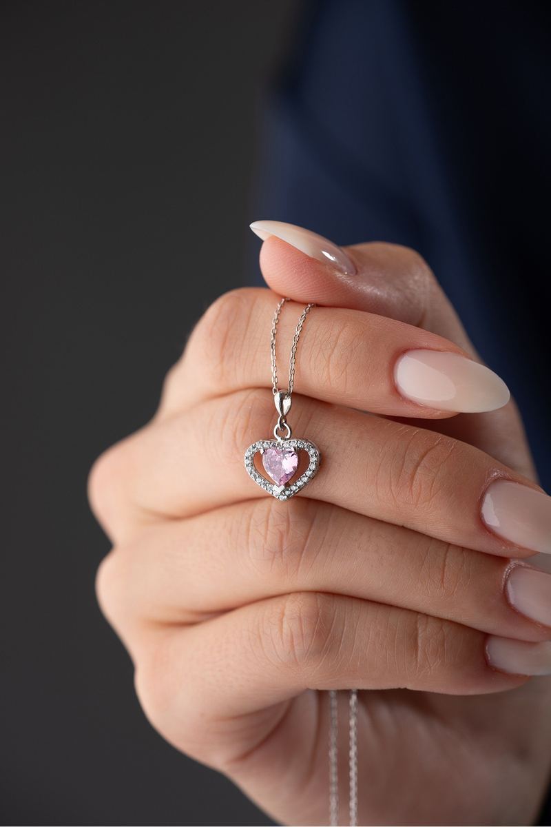 925 Ayar Gümüş Pembe Taşlı Kalp Kolye