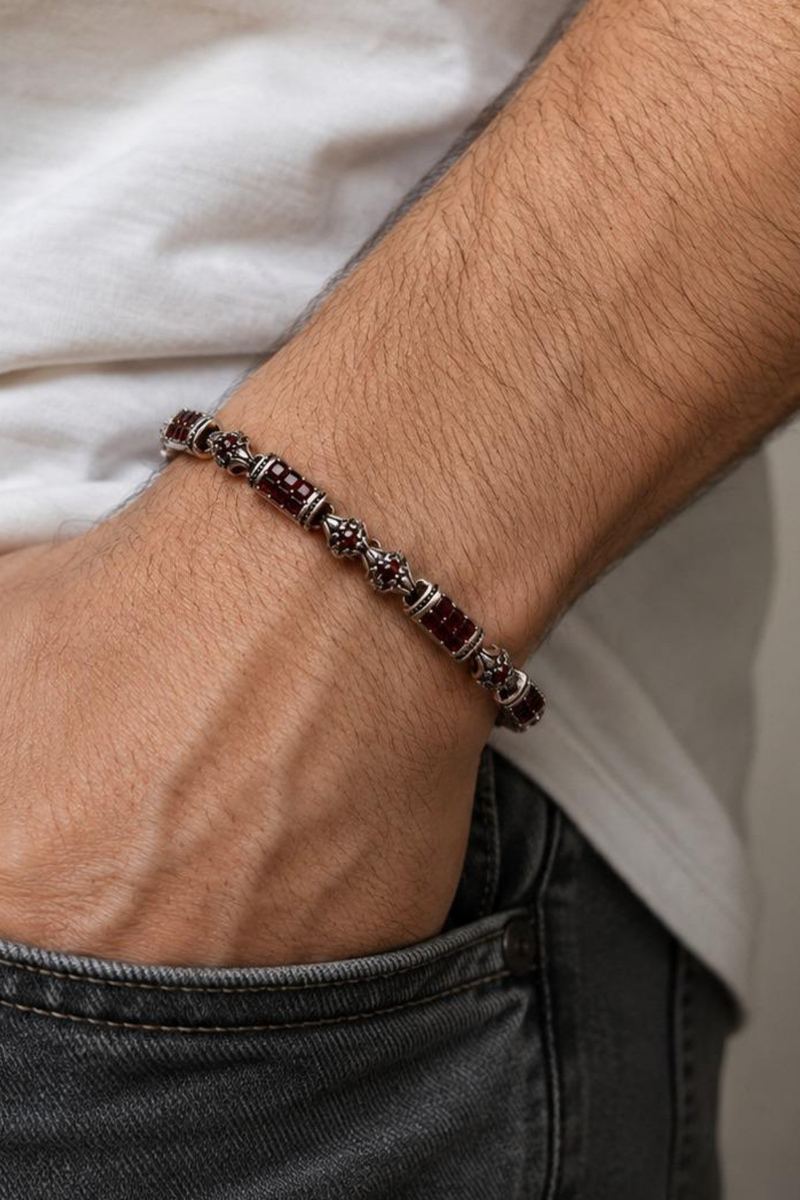 925 Ayar Gümüş Zirkon Garnet Taşlı Erkek Bileklik
