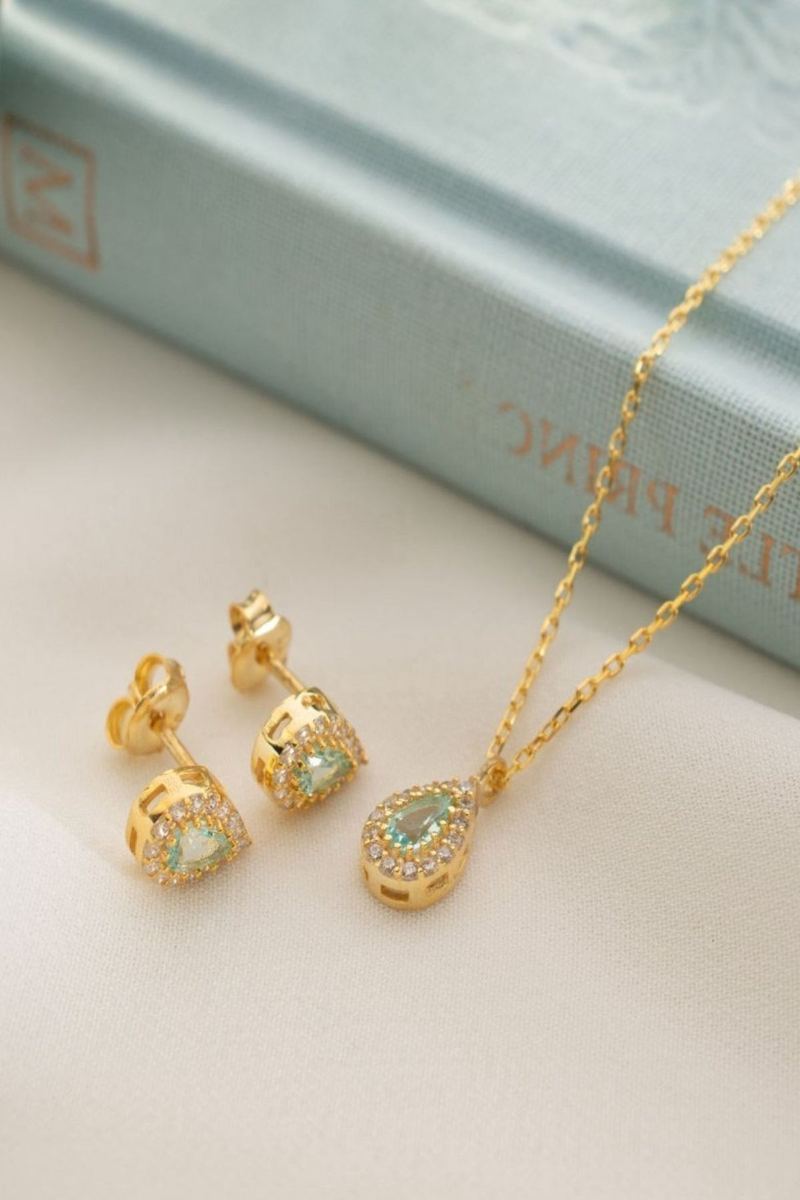 925 Ayar Gümüş Mart Ayı Doğum Taşı Aquamarine Kolye Küpe Seti