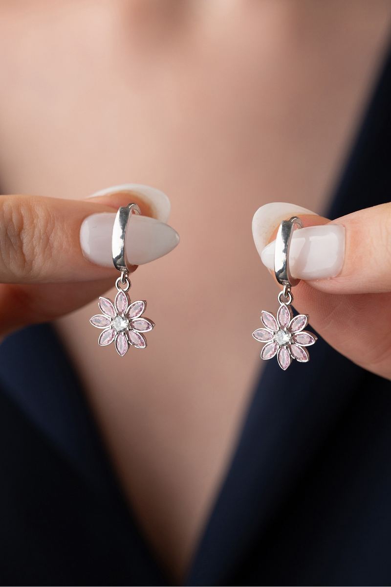 925 Ayar Gümüş Halkalı Pembe Taşlı Lotus Küpe