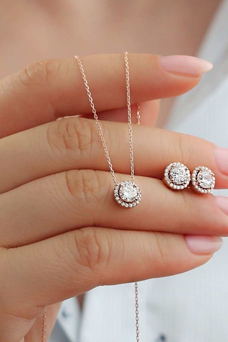 925 Ayar Gümüş Pırlanta Model Kolye Küpe Seti Rose Gold