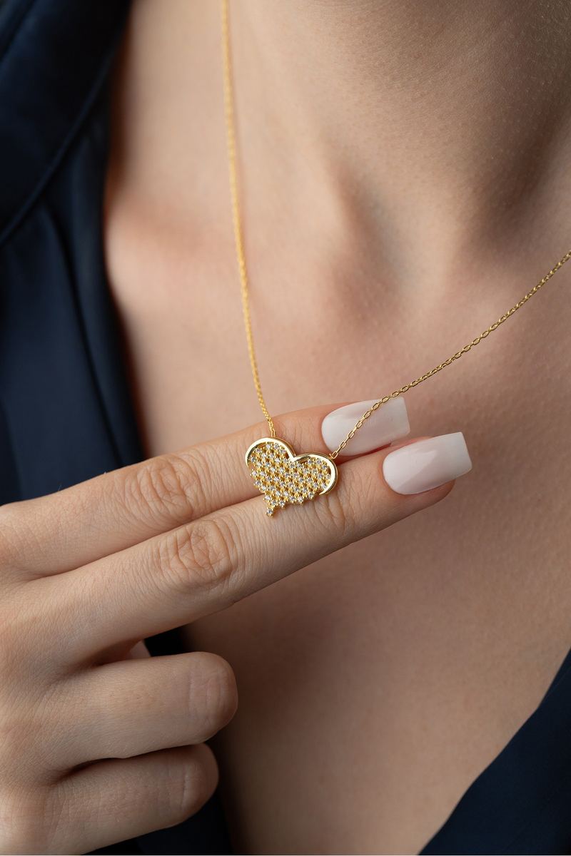 925 Ayar Gümüş Gold Zirkon Taşlı Kalp Kolye