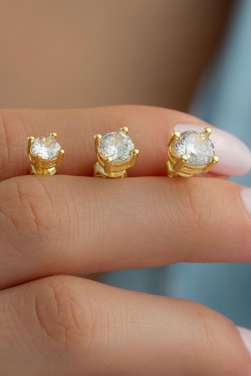 925 Ayar Gümüş Gold 3'lü Tektaş Küpe