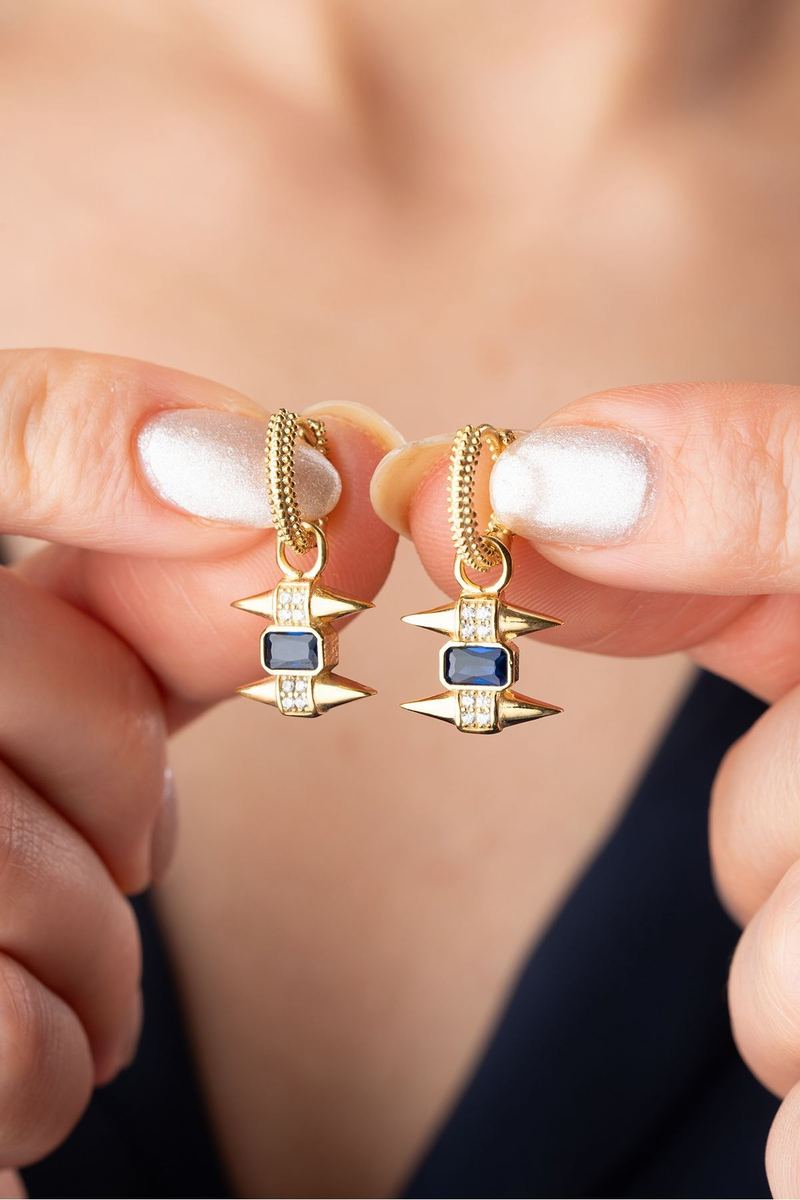 925 Ayar Gümüş Gold Safir Taşlı Trend Küpe