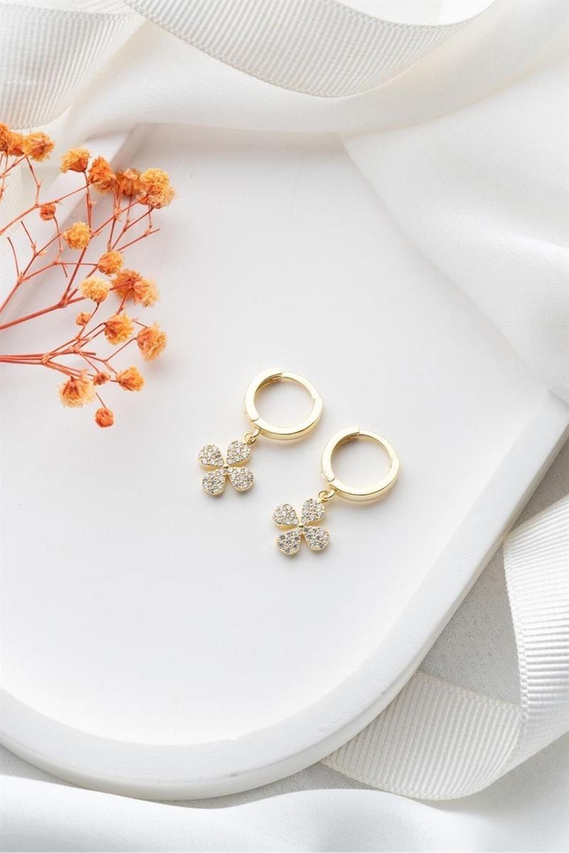925 Ayar Gümüş Gold Sallantılı Yonca Küpe