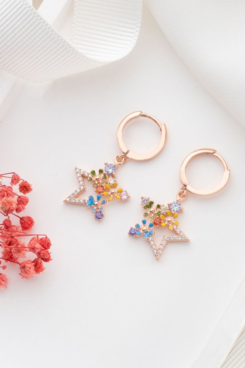 925 Ayar Gümüş Rose Mix Taşlı Yıldız Küpe
