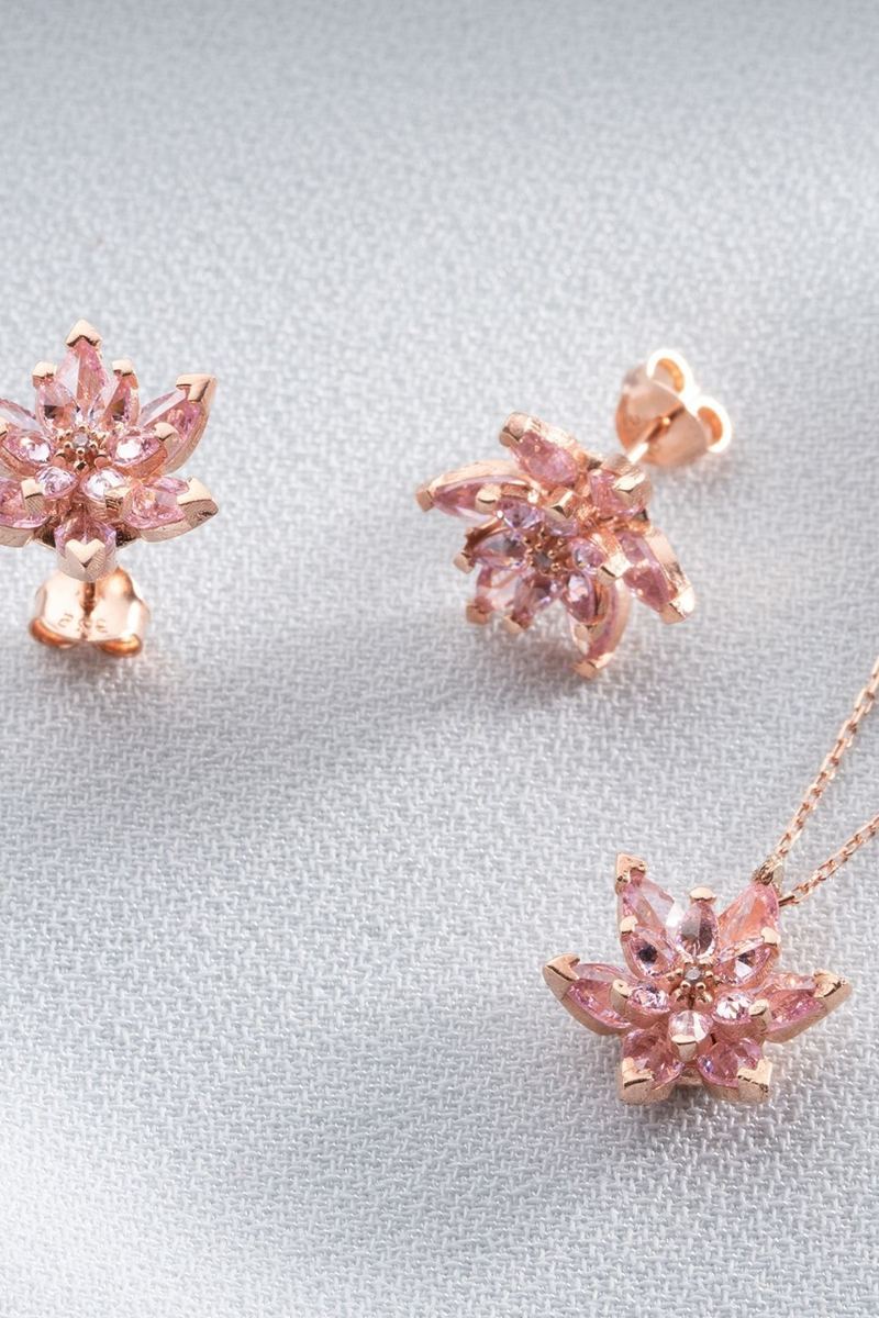 925 Ayar Gümüş Pembe Lotus Çiçeği Kolye Küpe Seti
