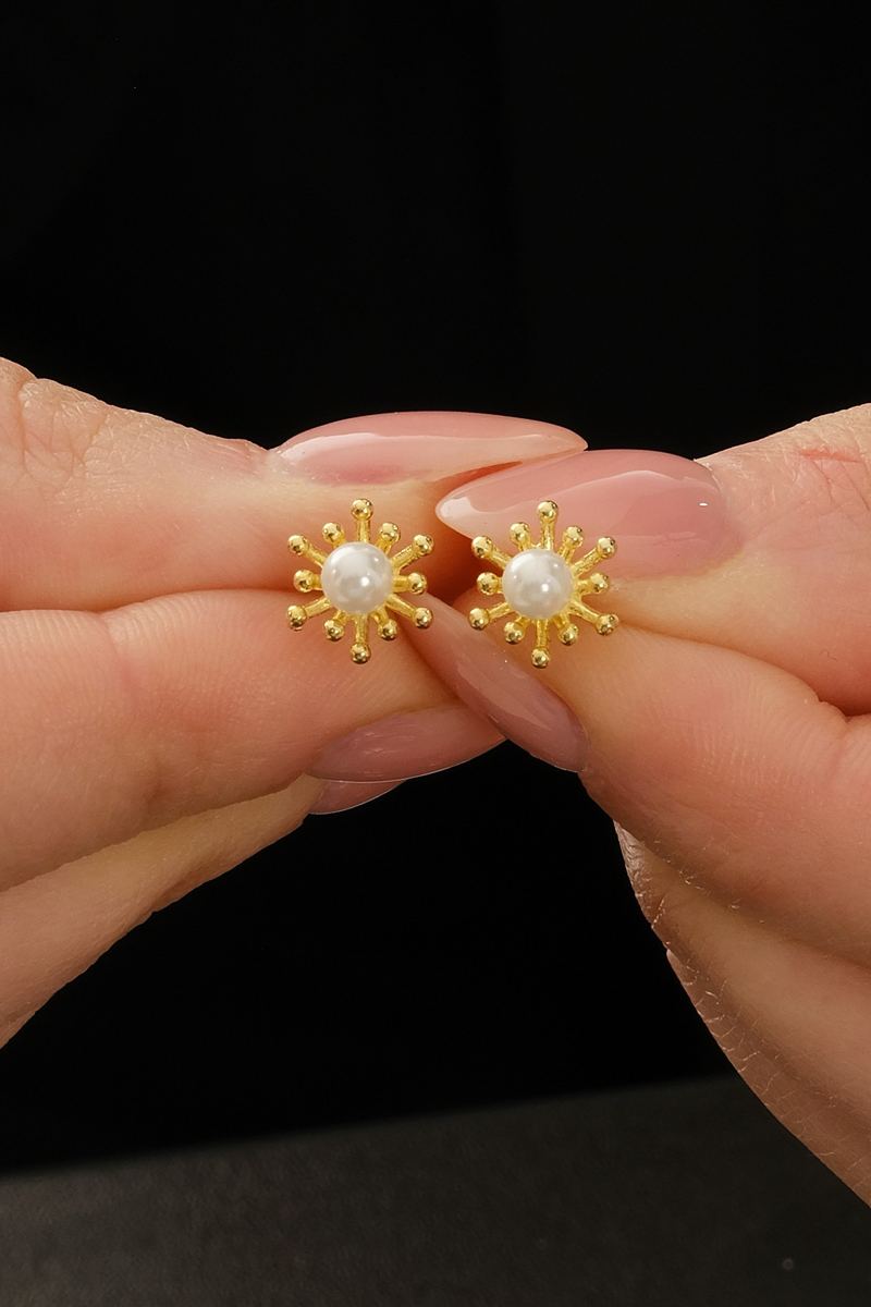 925 Ayar Gümüş Gold İncili Polen Küpe