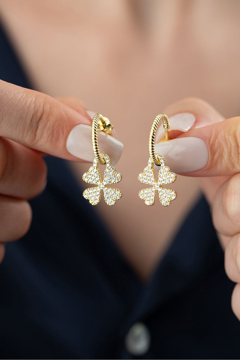 925 Ayar Gümüş Gold Zirkon Taşlı Yonca Küpe