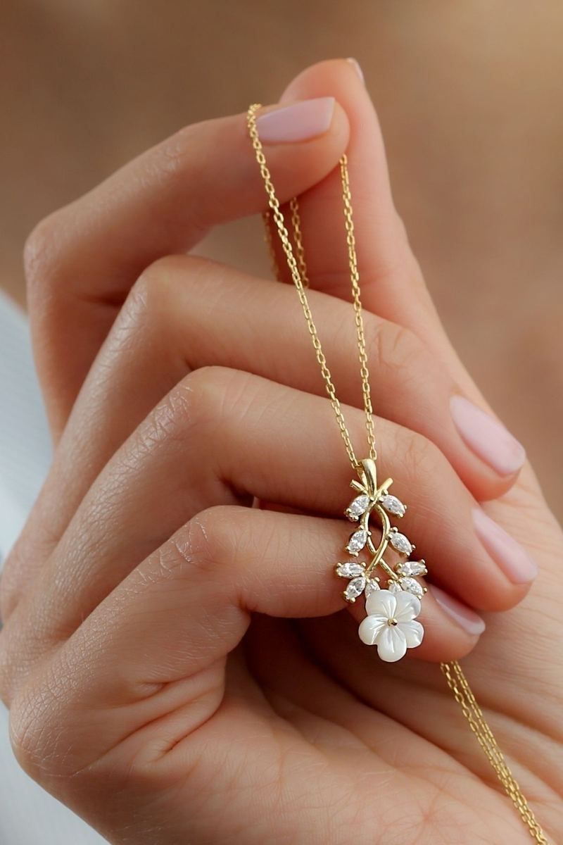 925 Ayar Gümüş Gold Zirkon Taşlı Sedefli Kolye