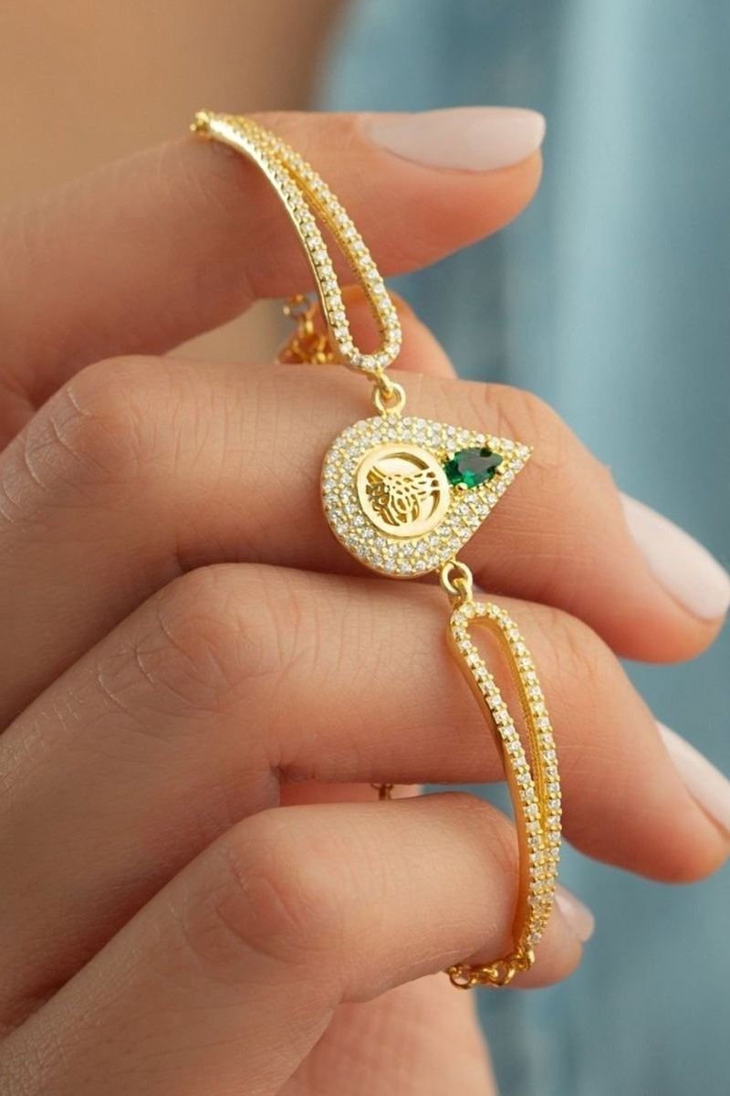 925 Ayar Gümüş Tuğralı Yeşil Taşlı Gold Bileklik