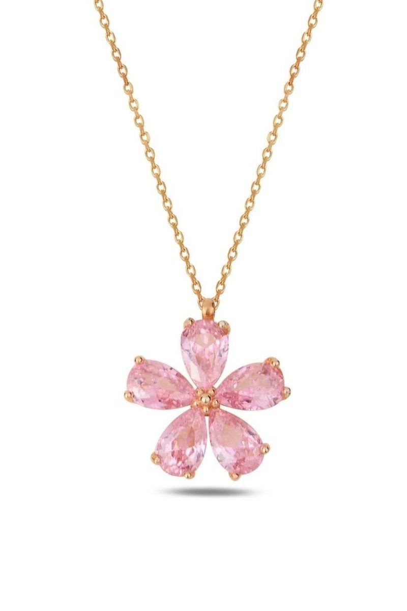 925 Ayar Gümüş Gold Zirkon Pembe Taşlı Yasemin Çiçeği Kolye