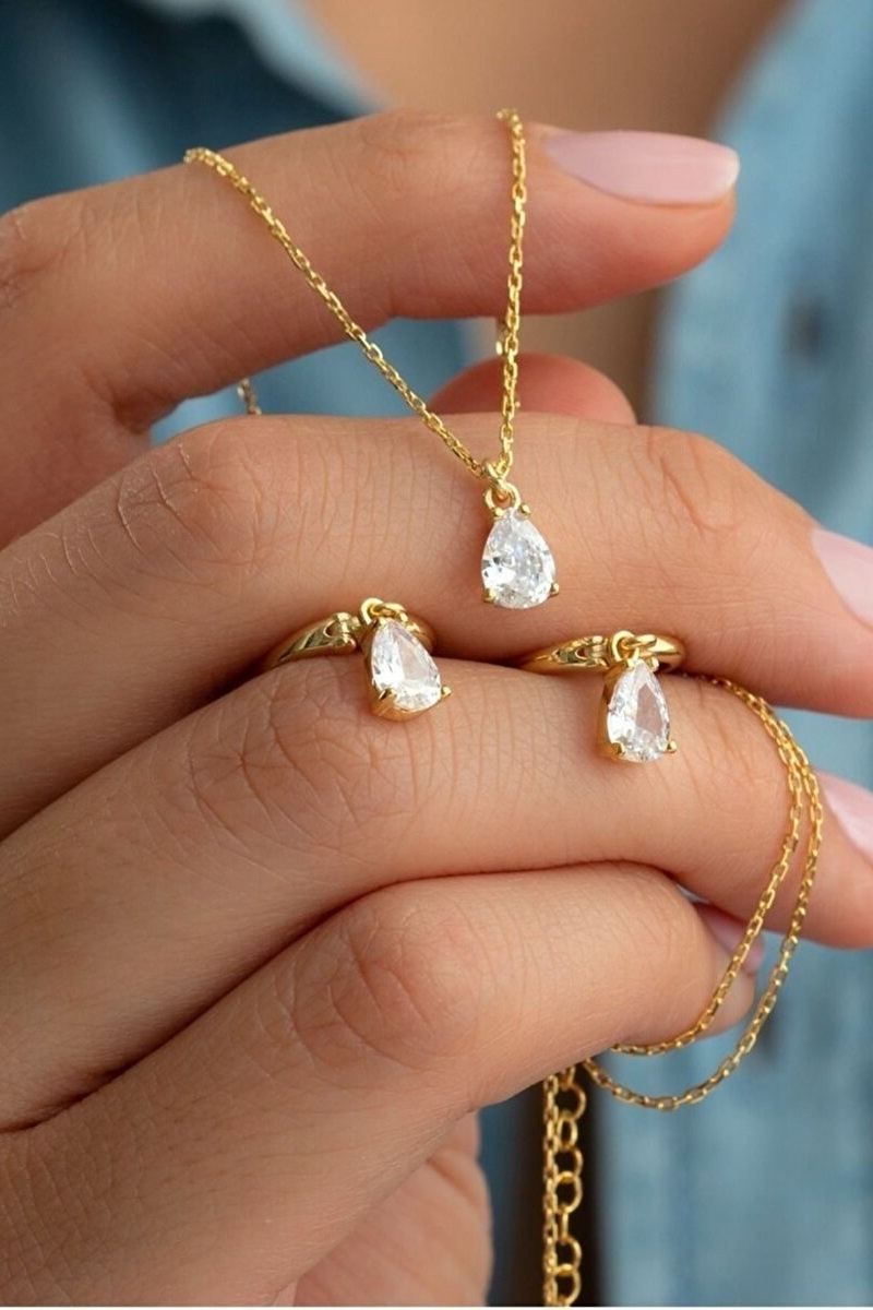 925 Ayar Gümüş Damla Taşlı Kolye Küpe Seti