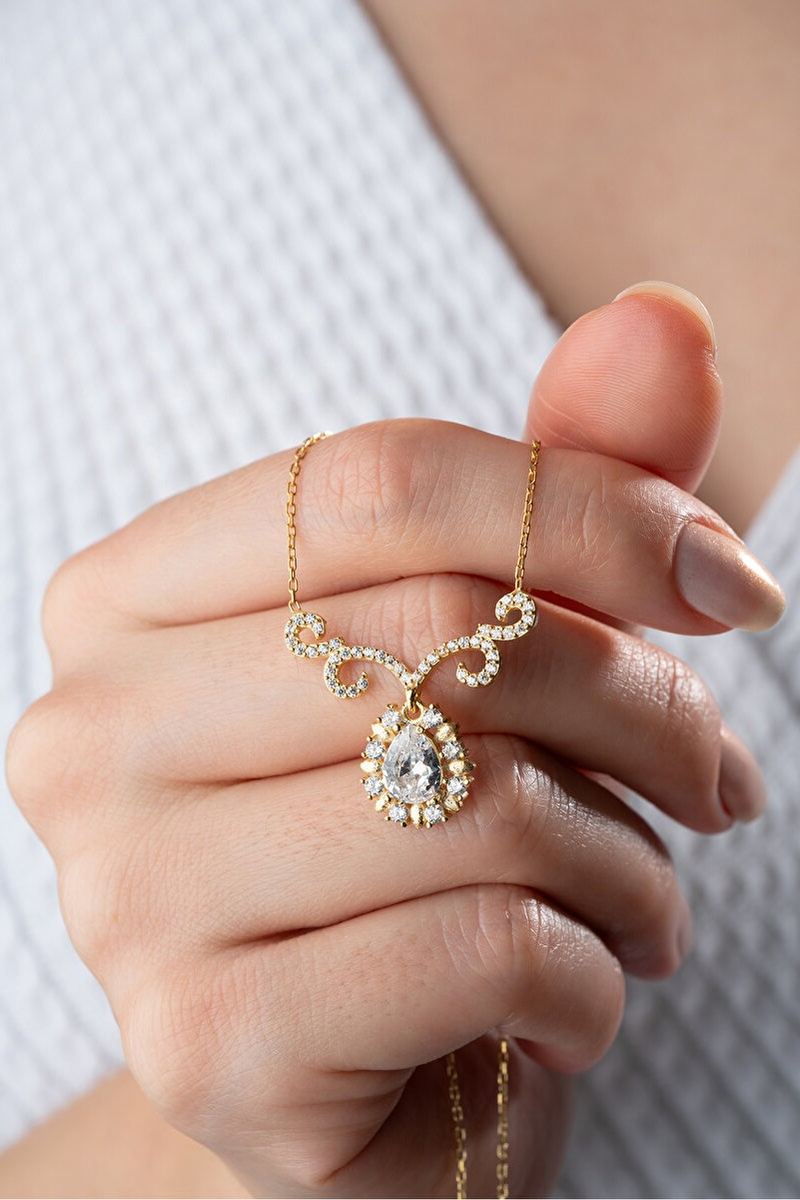 925 Ayar Gümüş Gold Elmas Montür Damla Model Kolye