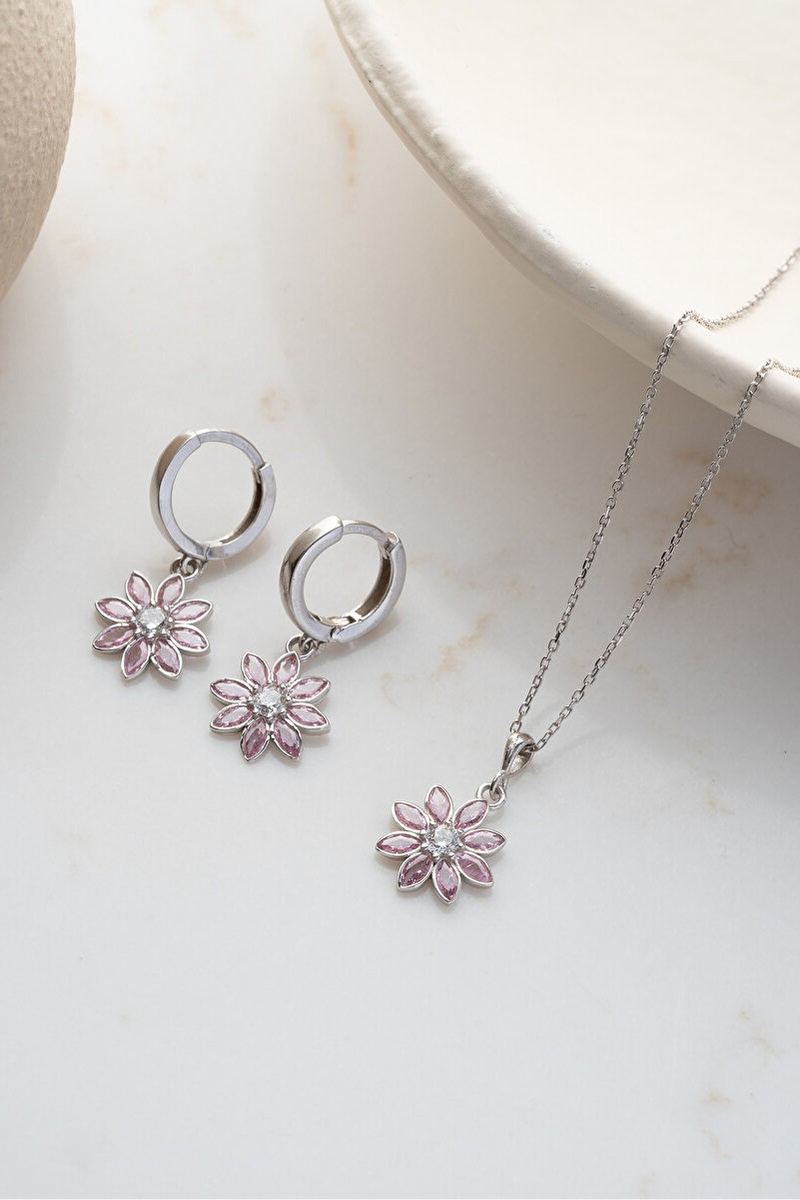925 Ayar Gümüş Pembe Taşlı Lotus Takı Kolye Küpe Seti