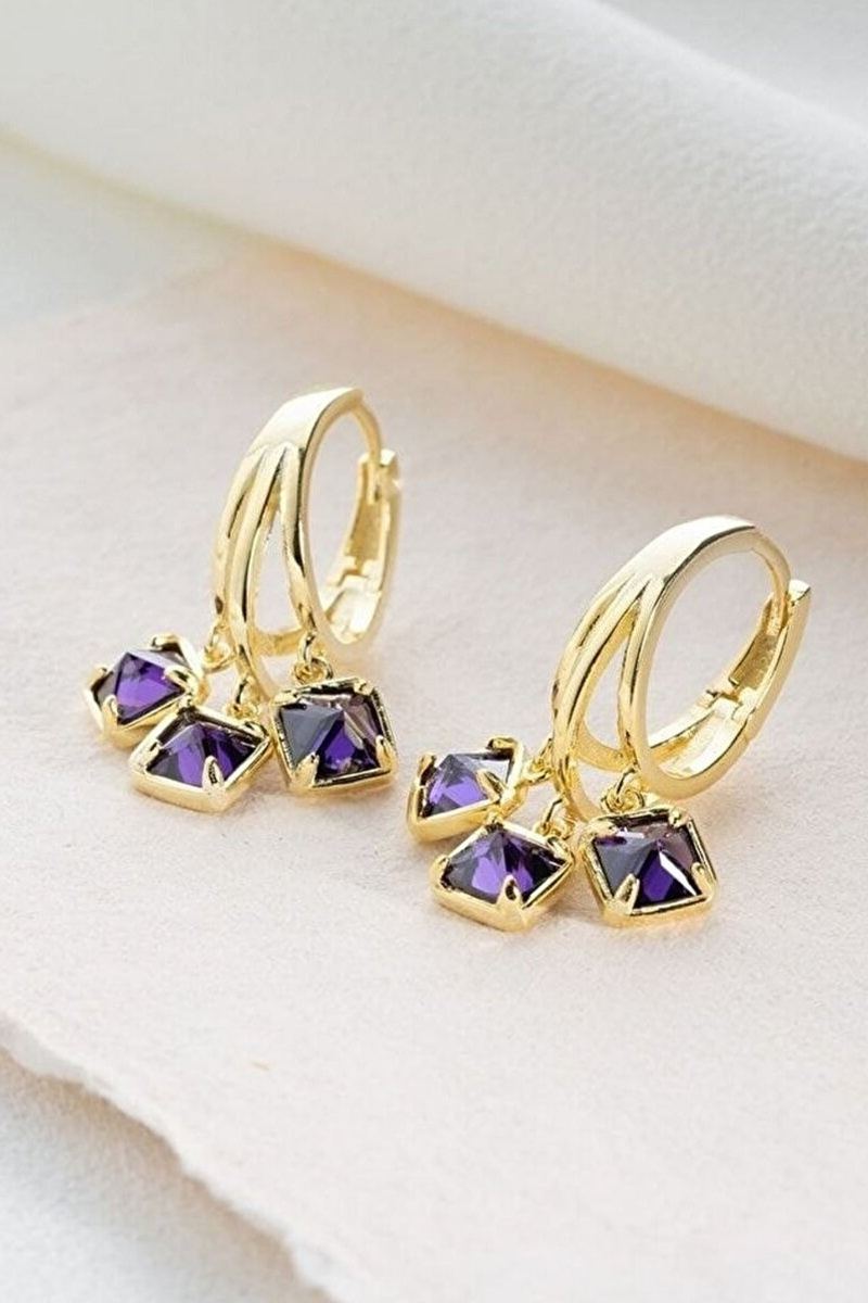 925 Ayar Gümüş Gold Mor Taşlı Küpe