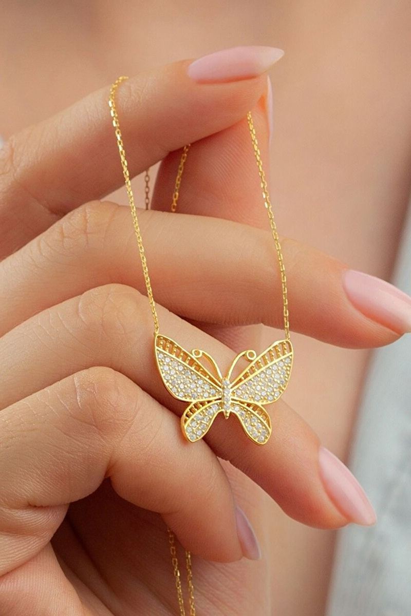 925 Ayar Gümüş Gold Kelebek Kolye