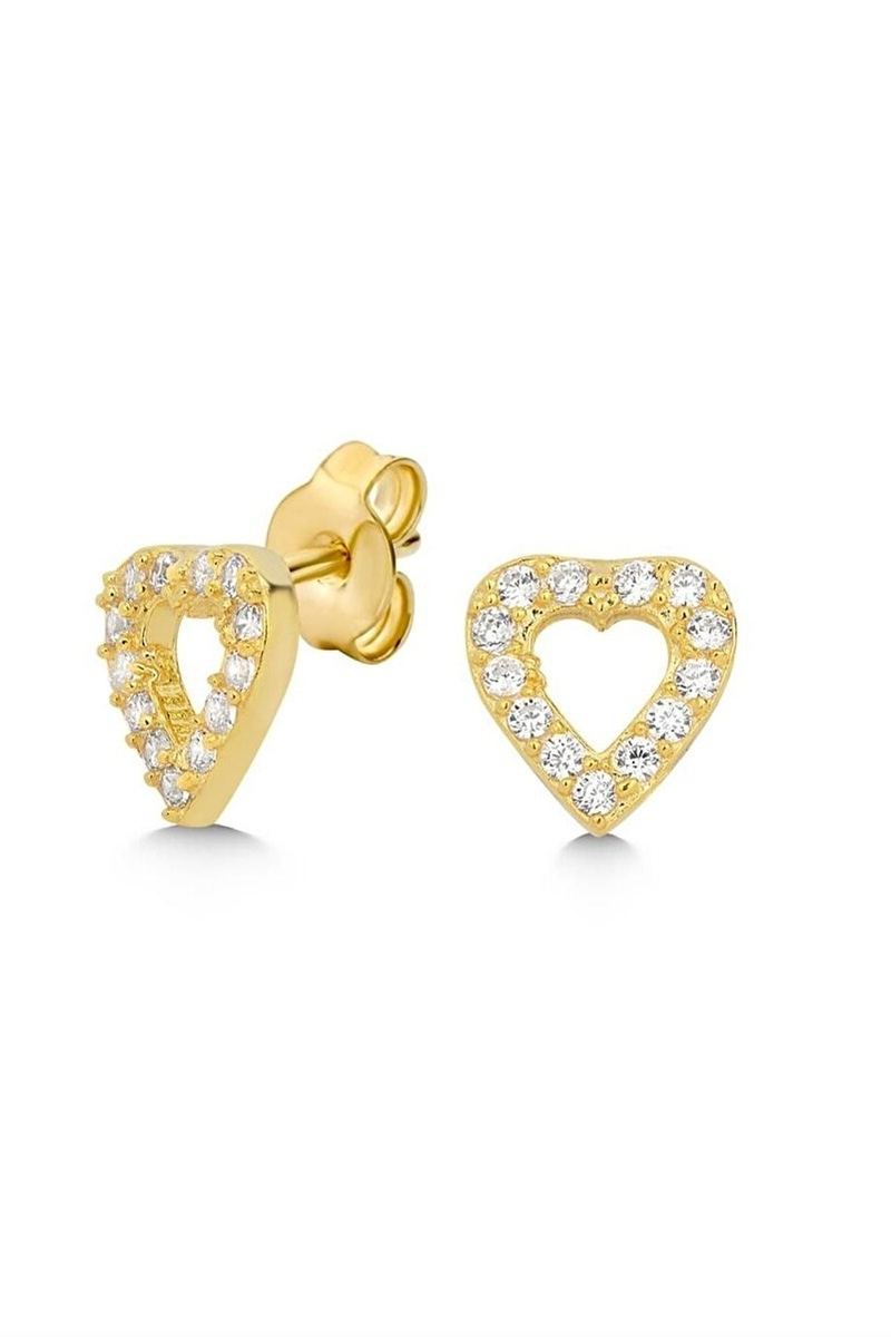 925 Ayar Gümüş Gold Zirkon Taşlı Kalp Küpe