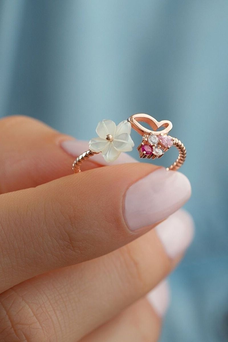 925 Ayar Gümüş Rose Kelebek Sedefli Yüzük