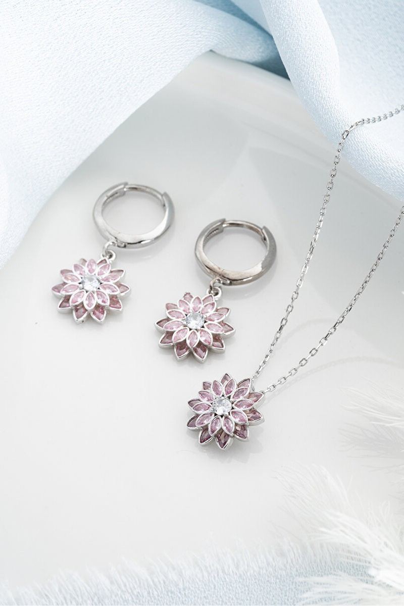 925 Ayar Gümüş Pembe Taşlı Kolye Küpe Set