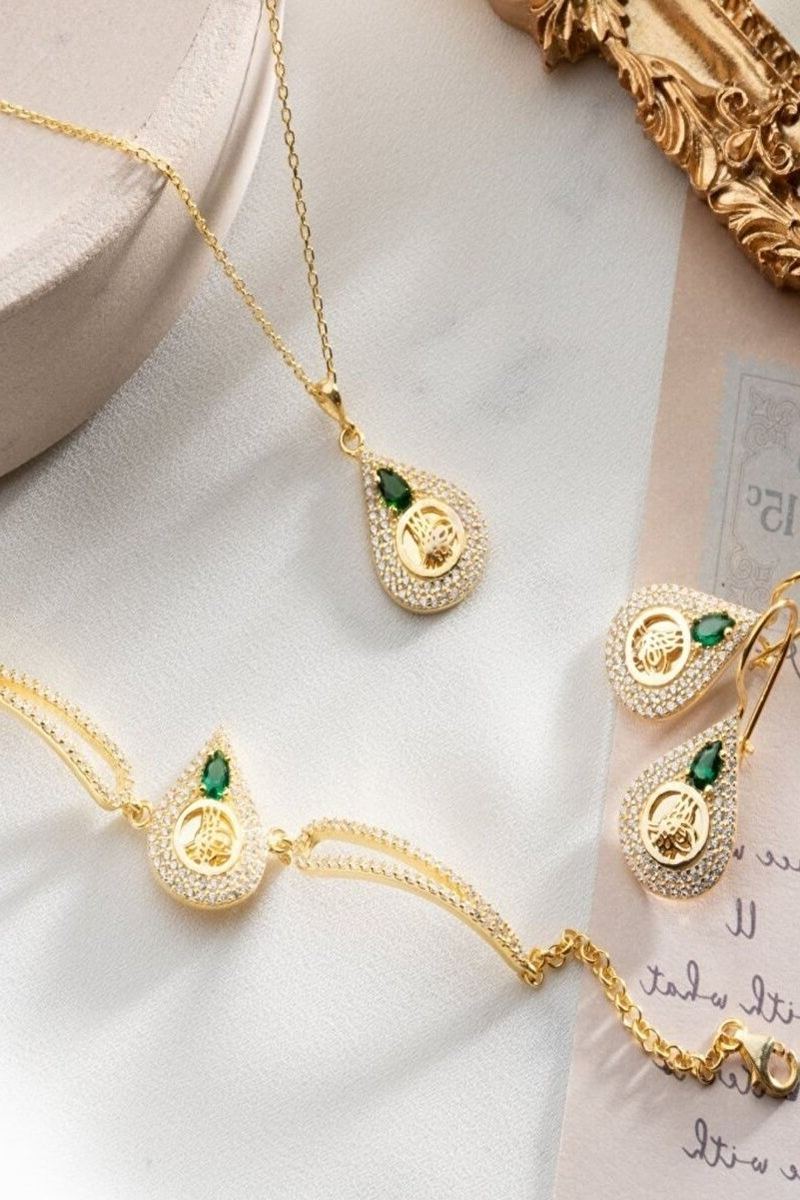 925 Ayar Gümüş Tuğralı Kolye Bileklik Küpe Seti