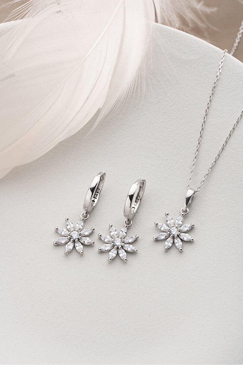 925 Ayar Gümüş Rodyumlu Lotus Çiçeği Set