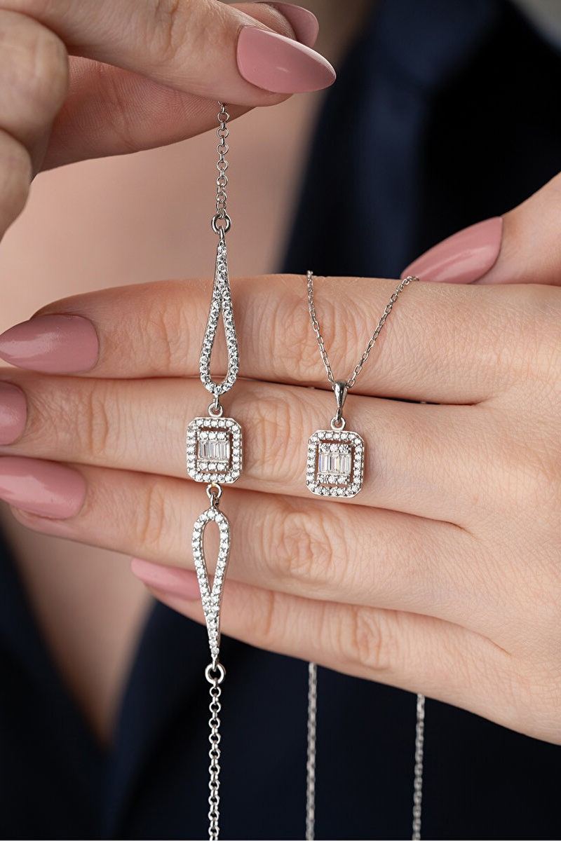 925 Ayar Gümüş Baget Taşlı Kolye Bileklik Set
