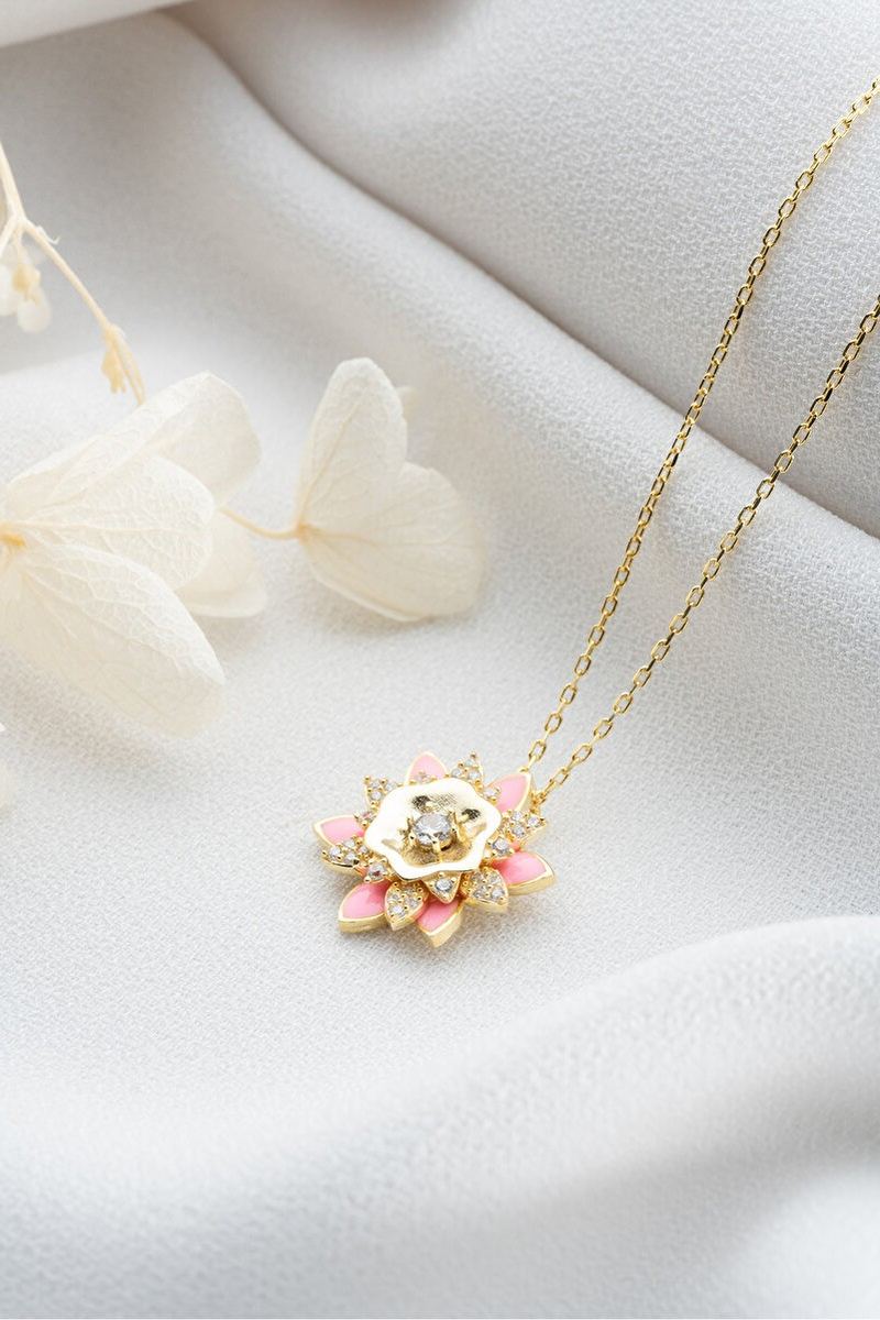 925 Ayar Gümüş Pembe Mineli Lotus Çiçeği Kolye