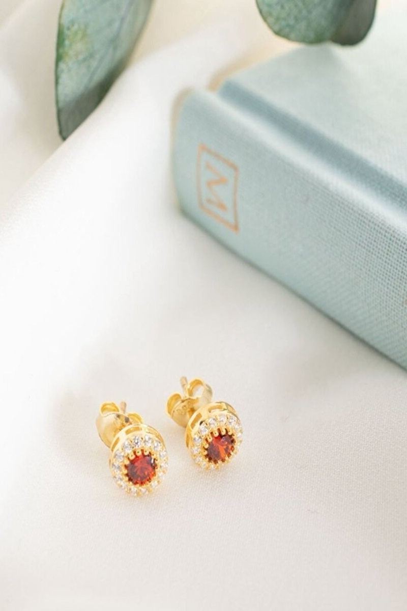925 Ayar Gümüş Gold Zirkon Ocak Ayı Garnet Doğum Taşı Küpe